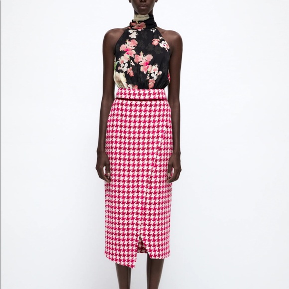 Zara TWEED TEXTURED WEAVE HOUNDSTOOTH
High-waist Midi Skirt Front Slit Pink NEW - Picture 8 of 16